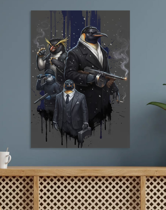 Penguin Gangsters with Guns — metal poster wall art by Lineer
